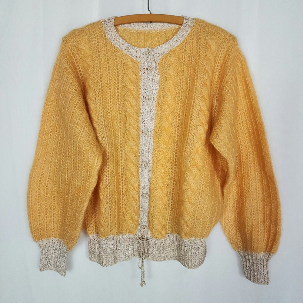 Vtg Mohair Wool knit drawstring cardigan sweater M/L